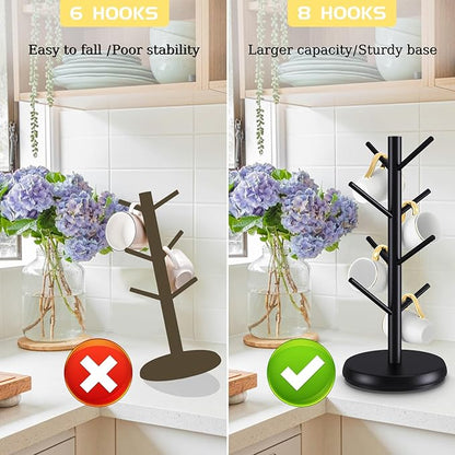 Bamboo Mug Holder Tree - Upgraded 360° Rotating 8 Hooks Coffee Cup Rack, Sturdy No-Tool Assembly Counter Organizer for Mugs, Jewelry & Accessories, Eco-Friendly Wood Stand(Black)