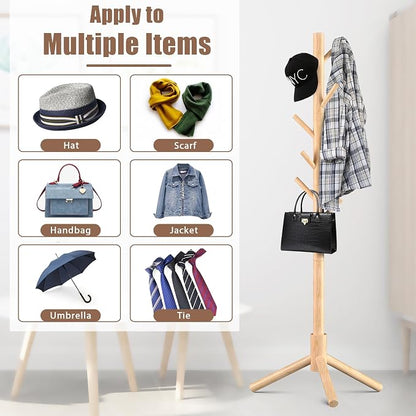 Haddockway Wooden Coat Rack Stand with 8 Hooks New Zealand Pine 3 Adjustable Coat Standing Tree Easy Assembly for Coats, Hats, Scarves and Handbags for Entryway, Hallway, Bedroom, Office