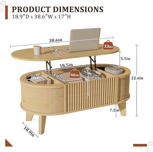 LYNCOHOME Fluted Lift Top Coffee Table with Storage,Modern Oval Coffee Table for Living Room Or Home Office（Natural）