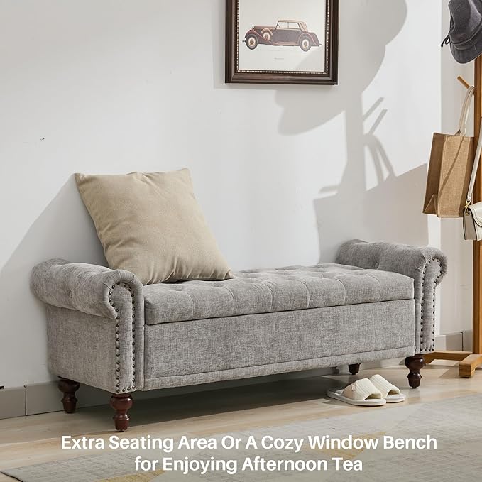 58.1" Storage Bench Upholstered Chenille End of Bedroom Bed Bench Ottoman with Tufted Cushioned Rolled Arm Large Storage Space for Reading Living Room Entryway, Light Grey