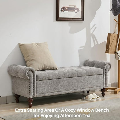 58.1" Storage Bench Upholstered Chenille End of Bedroom Bed Bench Ottoman with Tufted Cushioned Rolled Arm Large Storage Space for Reading Living Room Entryway, Light Grey