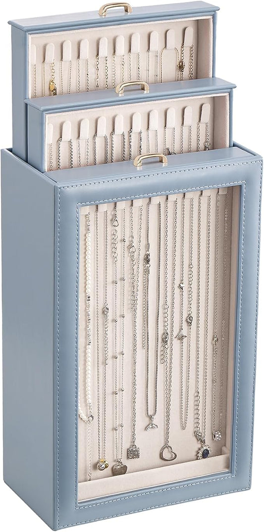 Lolalet Necklace Organizer Box, Jewelry Storage Box with Clear Window for Necklaces Bracelets, Tangle-Free Necklace Display Case for Women Girls, Dusty Blue, 3 Layers 30 Hooks