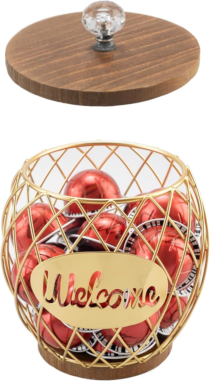 Gold Metal Wire Coffee Pod Holder Basket with Wood Base & Lid, Crystal Knob Capsule Storage Organizer Compatible with Nespresso Vertuo, Holds 60 Original or 26 Vertuo for Coffee Station Countertop