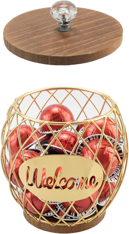 Gold Metal Wire Coffee Pod Holder Basket with Wood Base & Lid, Crystal Knob Capsule Storage Organizer Compatible with Nespresso Vertuo, Holds 60 Original or 26 Vertuo for Coffee Station Countertop