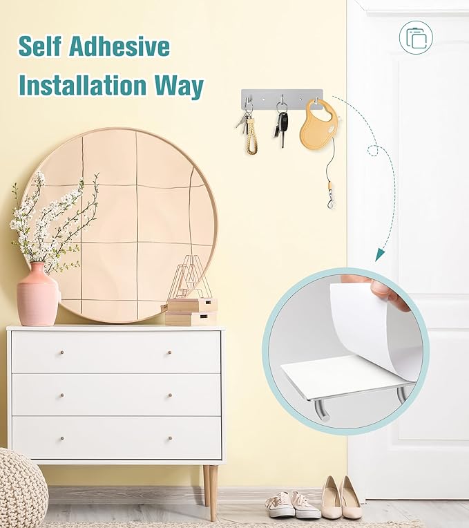 RELBRO Key Holder Wall Mount, Small Metal Self Adhesive Key Rack with 3 Hooks, 2 Installation Options, Silver