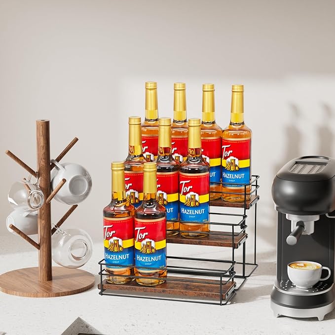 12 Bottle Coffee Syrup Organizer Rack, 3 Tier Coffee Syrup Bottle Stand Holder for Coffee Bar, Installation-free, Liquor Bottle Display Shelf, Coffee Syrup Shelf for Liquor Whiskey Wine Display