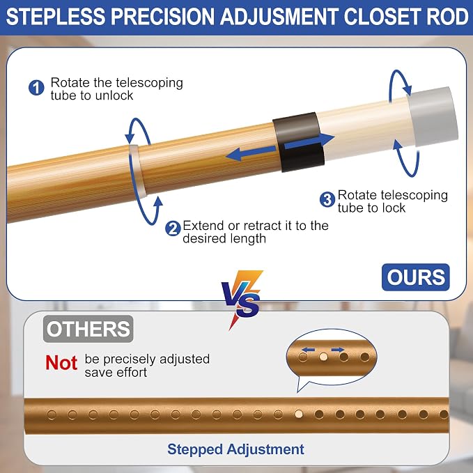 17 to 84 Inch Closet Rods for Hanging Clothes with Screwdriver, Stepless Adjustable Closet Rod Heavy Duty, 1.3 Inch Clothes Hanging Rod Metal Closets Pole Bar for Wardrobes Laundry Bathroom RV Natural