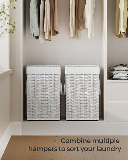 SONGMICS Laundry Hamper with Lid, 17.2 Gallon (65 L) Synthetic Rattan Clothes Laundry Basket with Lid and Handles, Foldable, Removable Liner, Cloud White ULCB165W01