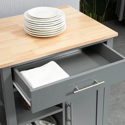HOMCOM Kitchen Island Cart, Rolling Kitchen Island with Storage Shelf, Solid Wood Top, Drawer, for Dining Room, Gray