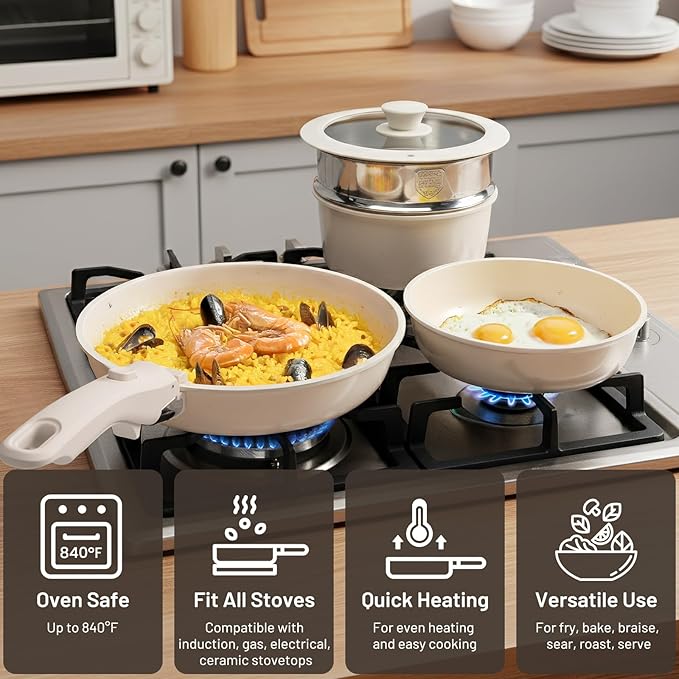 KIKCOIN Ceramic Cookware Set Non Stick Pots and Pans Set Detachable Handle - 25 Pack Stackable Cooking Set for RV Kitchen - Induction Ready - Dishwasher and Oven Safe