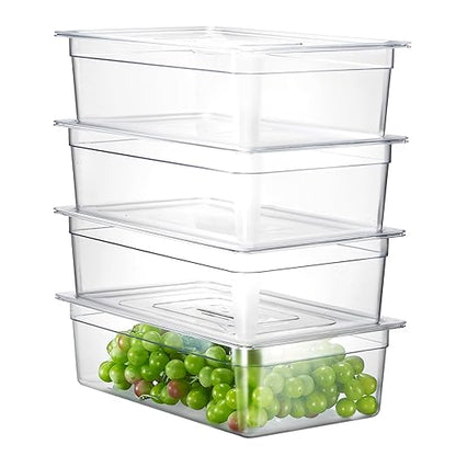 CURTA 4-Pack Full Size 6" Deep NSF Polycarbonate Food Pans with Handled Lids & Drain Trays | Dishwasher & Freezer Safe Clear Container for Prep Tables, Buffet, Salad Bar, Commercial Kitchen