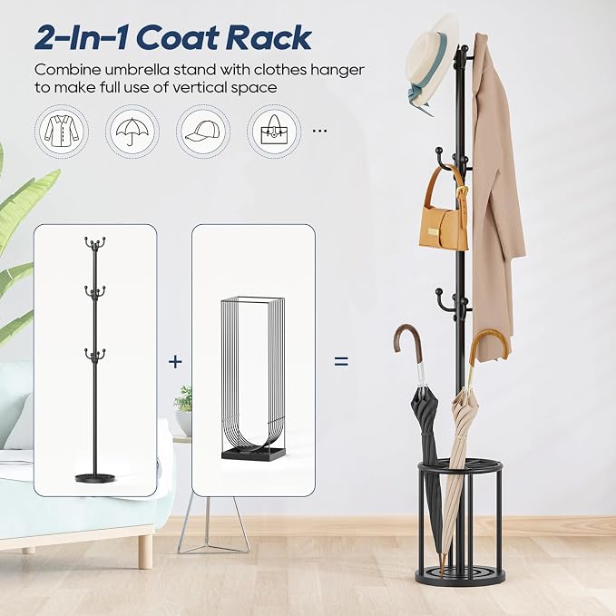 Coat Rack Freestanding, Black Coat Rack with Umbrella Holder, standing hat rack umbrella stand for entryway, coat hanger stand with 12 Hooks, office coat tree for Hat, Umbrella, jacket, Bag, Clothes