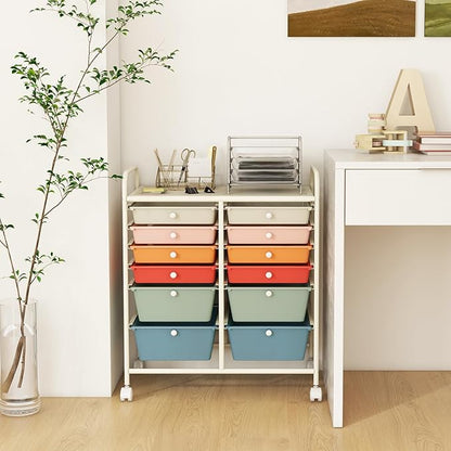 GOFLAME 12-Drawer Rolling Storage Cart, Multipurpose Organizer with 2 Sizes Plastic Drawers, Mobile Utility Cart with Lockable Casters for Home, Office, Beauty Salon, School, Macaron Color