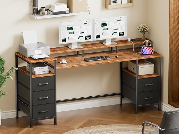 61 Inch Computer Gaming Desk with Power Outlets LED Lights Reversible Home Office with Adjustable Fabric Storage Drawers for Working Writing Study, Rustic Brown