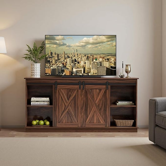 Sweetcrispy Farmhouse TV Stand 65 Inch for Living Room Bedroom Brown, Tall Entertainment Center with Storage Shelves, Media Console Cabinet with Wood Board, 300 LBS Capacity and Sliding Barn Door