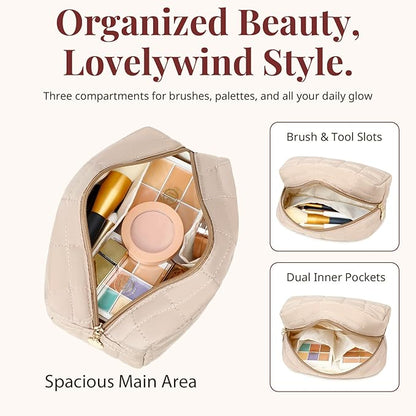 Makeup Bag for Women, Travel Cosmetic Bag Organizer with Compartments, Quilted Puffy Toiletry Pouch for Brushes, Essentials and Accessories, Camel