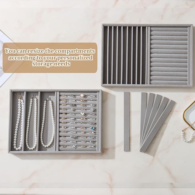 Large Velvet Jewelry Tray 2 Pack Stackable Jewelry Display Drawer Inserts Trays Organizer for Earring Bracelet Necklace Ring (Gray, Ring and 9 Grids)