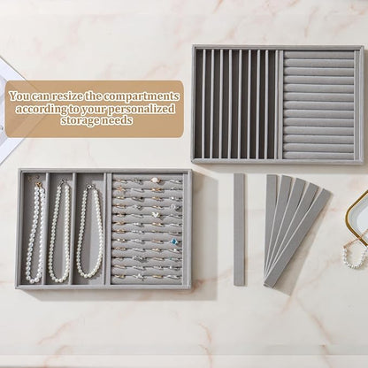 Large Velvet Jewelry Tray 2 Pack Stackable Jewelry Display Drawer Inserts Trays Organizer for Earring Bracelet Necklace Ring (Gray, Ring and 9 Grids)