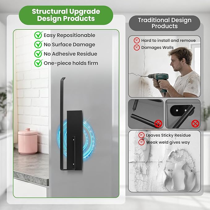 Paper Towel Holder Black, Toilet Paper Roll Holder Magnetic Towel Rack Wall Mount Fridge Organizer Shelf for Towels Rolls Bar Bathroom Toilet Pantry RV Essentials Kitchen Organizers and Storage 2 Pack