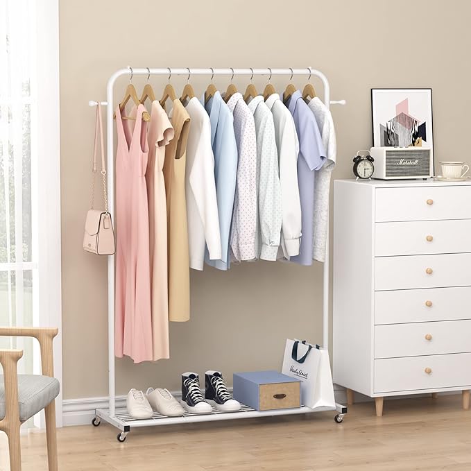 Sywhitta Clothing Rack on Wheels with Mesh Storage Shelf & Sturdy Metal Frame, Rolling Garment Rack for Hanging Clothes, Coats, Skirts, 39.76" L x 16" W x 64.56" H,White