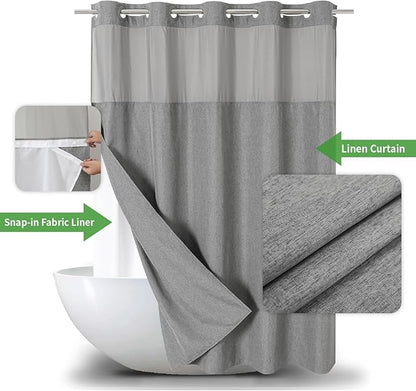 Extra Long No Hooks Needed Linen Textured Shower Curtain with Snap-in Fabric Liner Set,Grey Hotel Luxury Decor Shower Curtains for Bathroom,Waterproof & Washable,71Wx86H