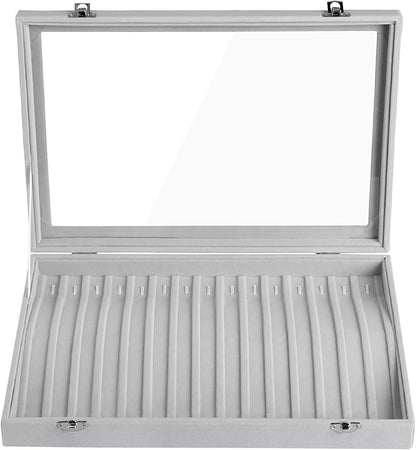 Frebeauty 15 Hooks Necklace Tray Velvet Neckalce Organizer with Clear Lid Lockable Necklace Holder Box Jewelry Organizer for Pendants Chains Necklace Jeweley Tray for Women Girls(Grey)