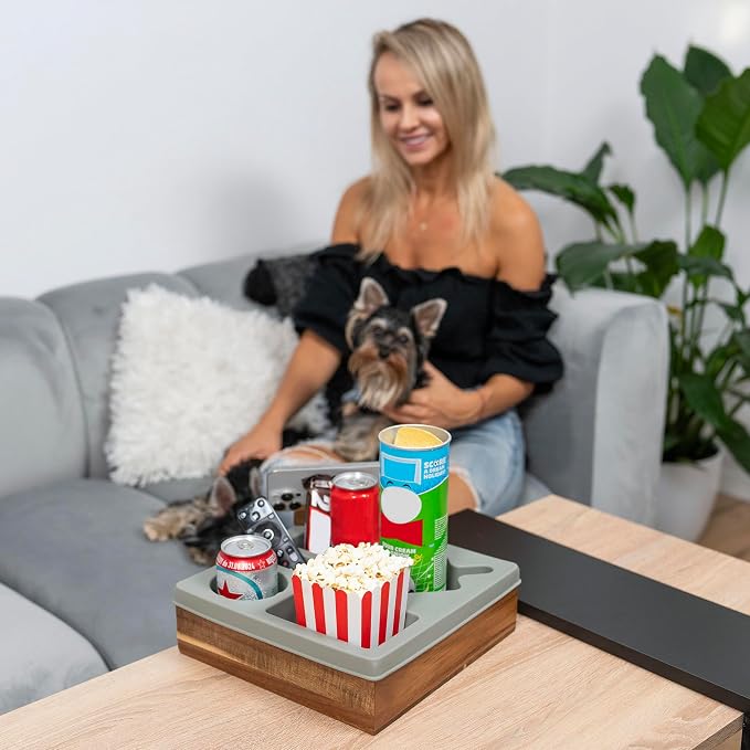 Silicone Couch Cup Holder Tray – Handy Silicone Acacia Couch Caddy with Cup Holder & Phone Stand – Waterproof Anti-Spill Snack & Bed Caddy Organizer Sofa Tray for Drinks, Snacks, & Remotes (Gray)