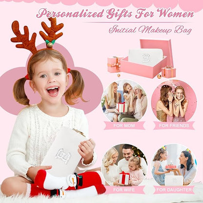 Bride Gifts – Personalized Initial Makeup Bag with Pearl Rhinestone Patch, Preppy White Monogram Cosmetic/Toiletry Pouch, bridesmaid Gifts, Bridal Shower Gifts, Wedding Gifts, Bridal Gifts,E