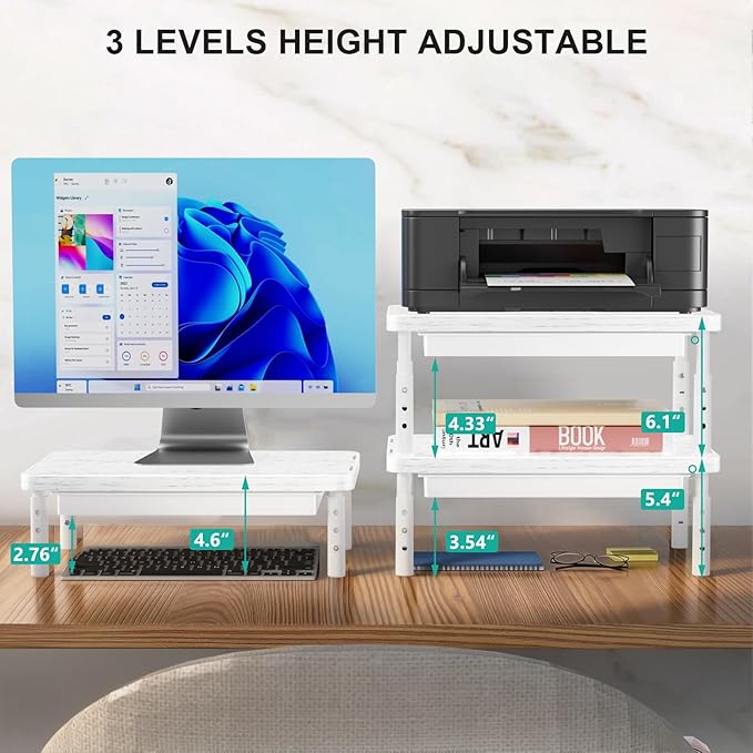 WALI Computer Monitor Stand with Storage, Desk Monitor Riser 3 Height Adjustable, Laptop Riser with Airflow Vents, Desk Organizer for Computer, Laptop, Printer (PTT002-M), 1 Pack, Marble