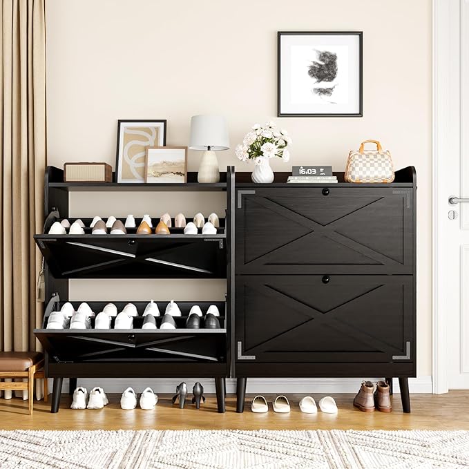 Shoe Storage Cabinet with 2 Flip Drawers & Adjustable Shelves,Freestanding Shoe Cabinet Storage with Side Hooks Narrow Shoe Rack Cabinet for Entryway,Hallway,Rustic Black