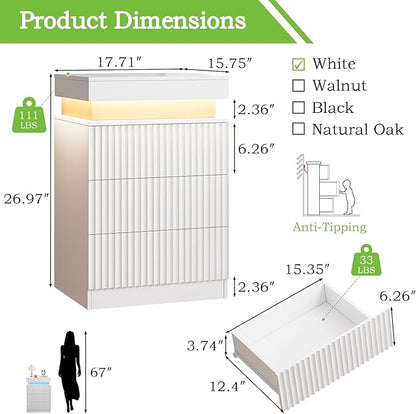 Nightstand with Charging Station & LED Lights, Modern Small Fluted Bedside & End Table with 3 Drawers, Sliding Top & Hidden Storage, Wooden Farmhouse Night Stand for Bedroom Office Sofa, White