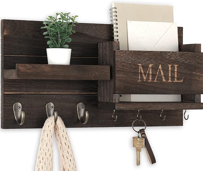 Mail Organizer for Wall Mount – Key Holder with Shelf Includes Letter Holder and Hooks for Hallway Farmhouse Decor – Rustic Wood with Flush Mounting Hardware (16.5” x 9.1” x 3.4”) (Brown)