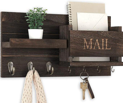 Mail Organizer for Wall Mount – Key Holder with Shelf Includes Letter Holder and Hooks for Hallway Farmhouse Decor – Rustic Wood with Flush Mounting Hardware (16.5” x 9.1” x 3.4”) (Brown)