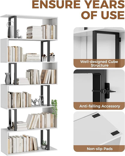 Gadroad 6 Tier Geometric Bookcase,S Shaped Bookshelf, Wood Decorative Storage Shelving, Modern Freestanding Display Shelves, Tall Book Shelf Unit for Living Room Bedroom, White