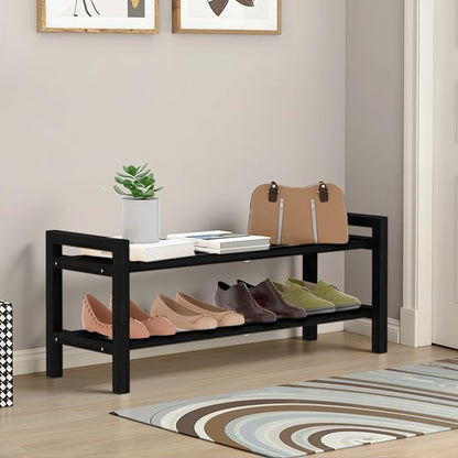 Haddockway Bamboo Shoe Rack for Closet, Free Standing Shoe Organizer with Smooth Round Rods & Convenient Handles, Stackable Shoe Storage Shelf for Entryway, Hallway(Black, 2-Tier)