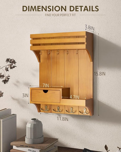 Rebee Vision Farmhouse Key Holder Wall Mount with Mini Drawer Organizer – Mail Organizer with 9 Key Hooks – Ideal Home Decor for Entryway, Hallway, and Bedroom (Light Brown)