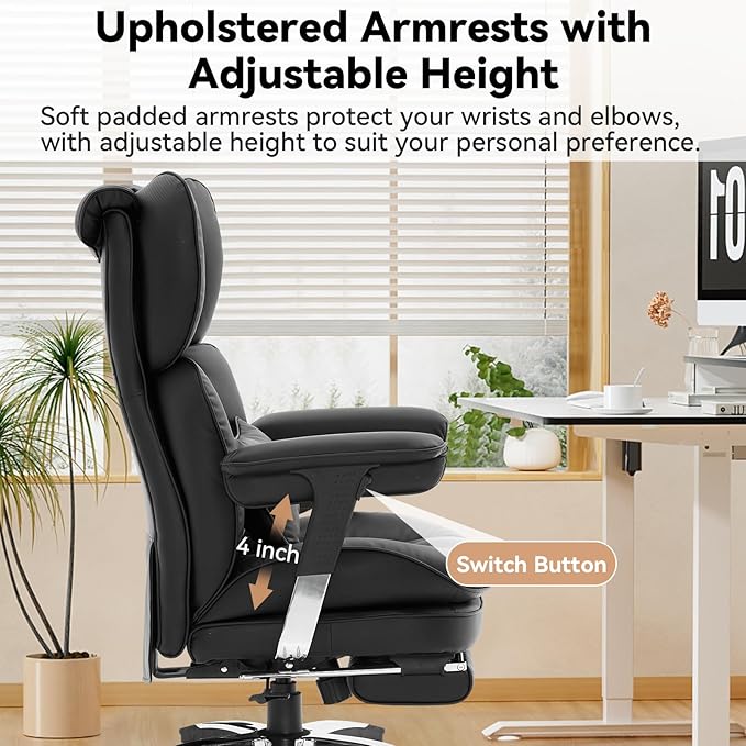 Efomao Big and Tall Office Chair 400lbs, Ergonomic High Back Executive Office Chair with Footrest, Wide Computer Desk Chair for Home Office, Comfortable PU Leather Heavy Duty Chair，Black