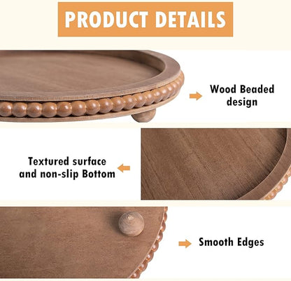 12in Round Wood Beaded Tray - Brown, Distressed Finish - Farmhouse Boho Style - Decorative Tray for Living Room, Coffee Table, Kitchen Table or Serving Tray