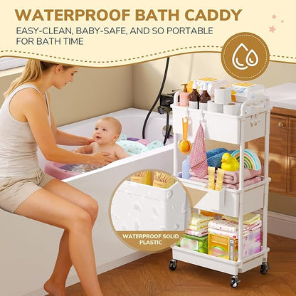 Goovilla Diaper Cart with Lockable Wheels and Easy Assembly, 3 Tier White Rolling Cart for Baby Nursery Storage, Sturdy Ample Diaper Caddy Organizer for Baby Girl, Boy, New Mom, Newborn Essentials