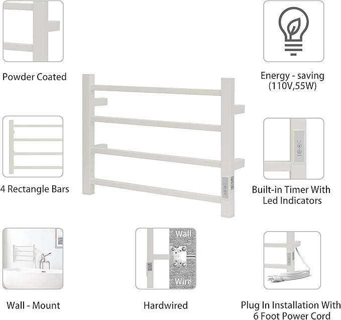 KEG Towel Warmer 4 Bars for Bathroom Wall Mounted Bath Towel Heater Hardwired and Plug-in with Built-in Timer White Square white TW-4s-W Towel warmer 4 bars white
