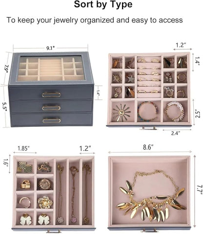 3 Layer Jewelry Organizer Box with Glass Lids & 3 Drawers - Elegant Storage Solution for Necklace, Rings，Earrings, and Bracelets - Perfect for Women ASK-301 (Grey)
