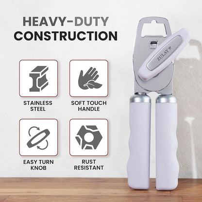 Zulay Kitchen Heavy Duty Stainless Steel Can Opener Manual with Bottle Opener - Rust Proof Manual Can Opener With Turn Knob & Comfy Soft Grip Handles - Airy Lilac