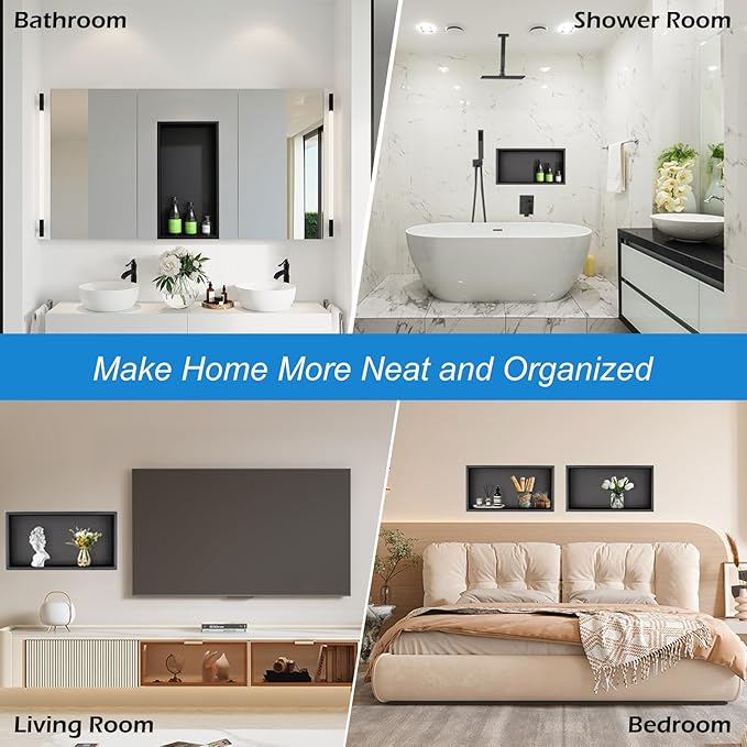 Shower Niche 24 x 12, Matte Black Stainless Steel Shower Niche Shelf Recessed for Bathroom Storage No Tile Needed Over Mount Installation