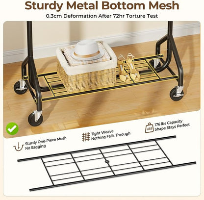 HYSEYY Heavy-Duty 450LBS Capacity Metal Clothes Rack，Rolling Clothing Rack with Wheels & Shelves, Portable Standing Wardrobe Rack for Hanging Clothes, Black (Black, L)