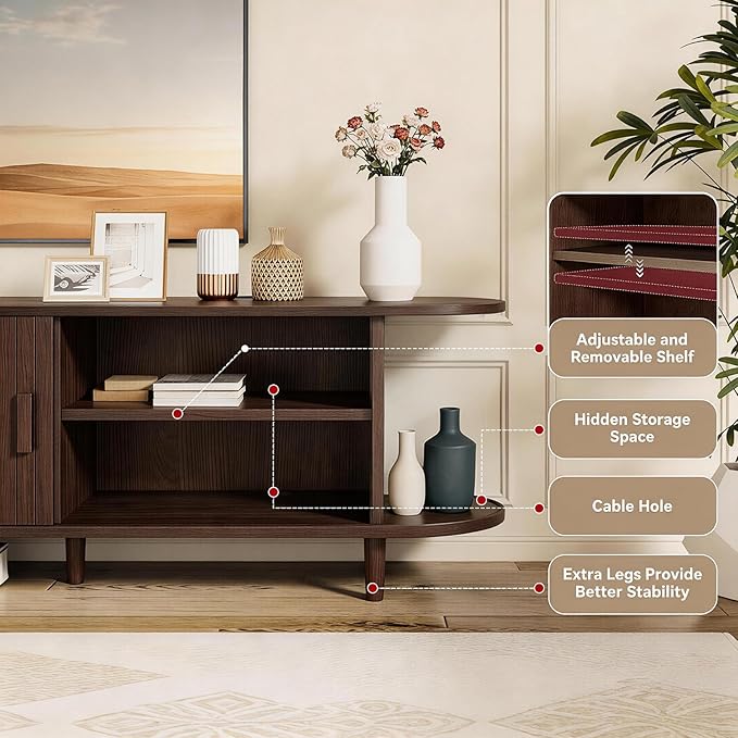65" Mid Century Modern TV Stand with Power Outlet, Fluted Entertainment Center with Storage and Adjustable Shelves, Wood TV Console with Sliding Doors for Living Room, Walnut