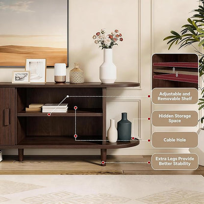 65" Mid Century Modern TV Stand with Power Outlet, Fluted Entertainment Center with Storage and Adjustable Shelves, Wood TV Console with Sliding Doors for Living Room, Walnut