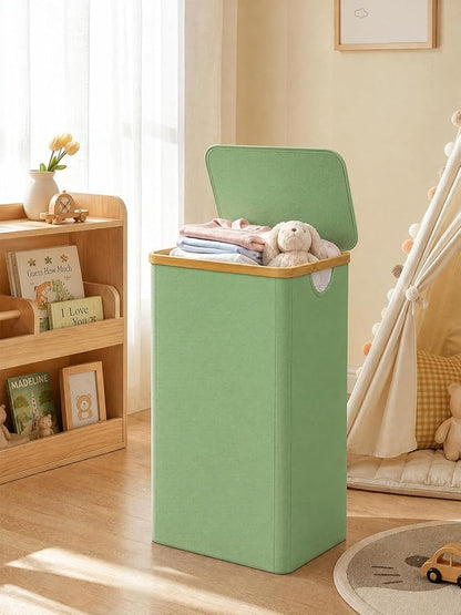 iEGrow Laundry Basket with Lid, 110L Large Laundry Hamper with Banboo Handle, Dirty Clothes Hamper with Removable Inner Bag for Laundry Room Organization- Green