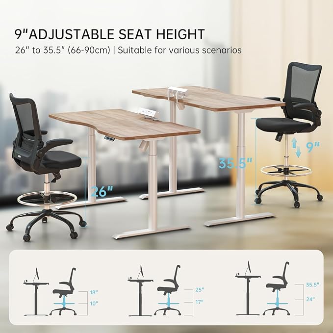 Ergonomic Drafting Chair for Standing Desk, Tall Office Chair with Height Adjustable Arms & Foot Ring, High Back Mesh Counter Stool with Rocking Function