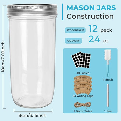 CycleMore 24oz 12 Pack Mason Glass Jars with Silver Separable Lids, Wide Mouth Canning Jars, Glass Pickle Canning Jars for Jelly, Jam, Honey, Wedding Favors, Spices and Herbs