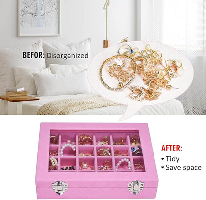 Vicoter Velvet Jewelry Box 24 Grid Jewelry Ring Display Organiser Box Tray Holder Earrings Storage Case for Girls Wife Mom Women (Pink)